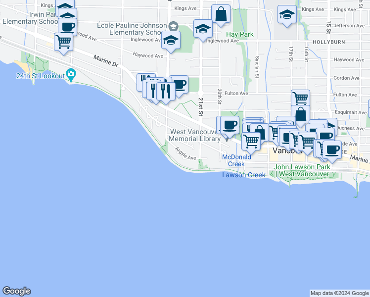 map of restaurants, bars, coffee shops, grocery stores, and more near in Vancouver