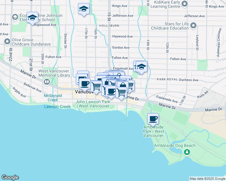 map of restaurants, bars, coffee shops, grocery stores, and more near 522 15 Street in West Vancouver