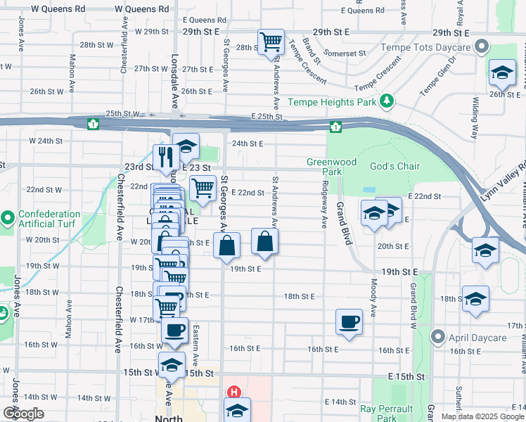 map of restaurants, bars, coffee shops, grocery stores, and more near 252 21st Street East in North Vancouver