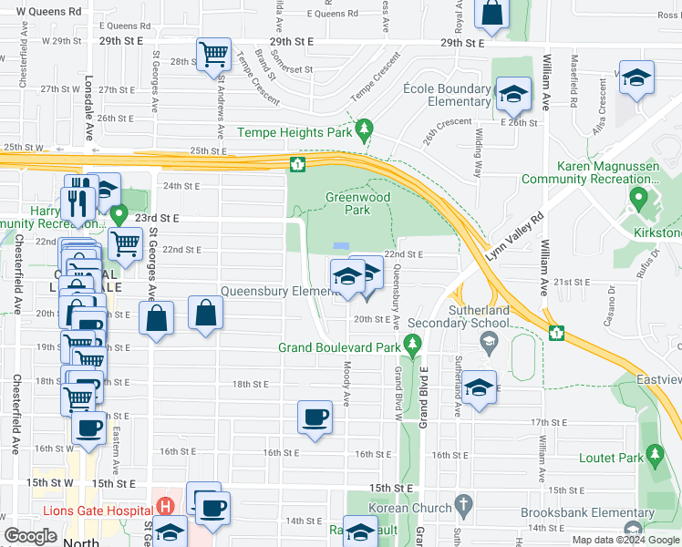 map of restaurants, bars, coffee shops, grocery stores, and more near 2111 Moody Avenue in North Vancouver