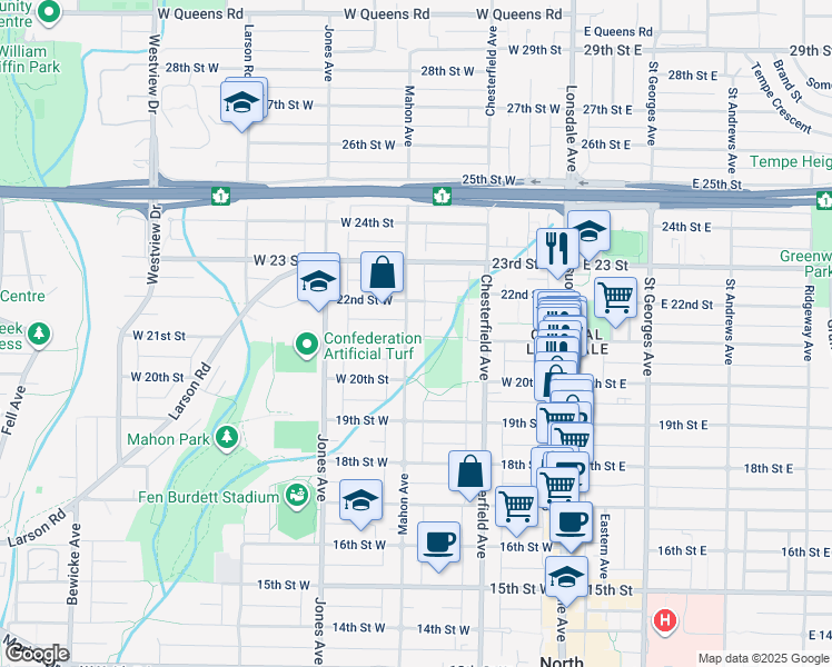 map of restaurants, bars, coffee shops, grocery stores, and more near 260 West 21st Avenue in North Vancouver