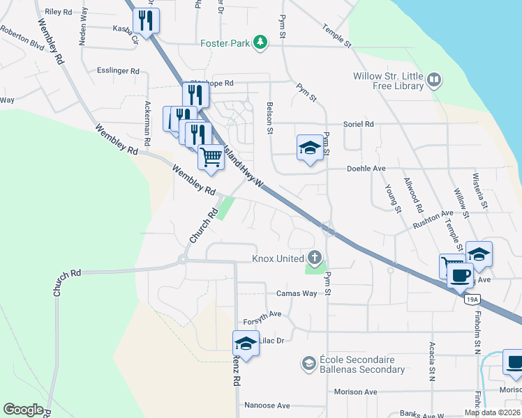 map of restaurants, bars, coffee shops, grocery stores, and more near 399 Wembley Road in Parksville