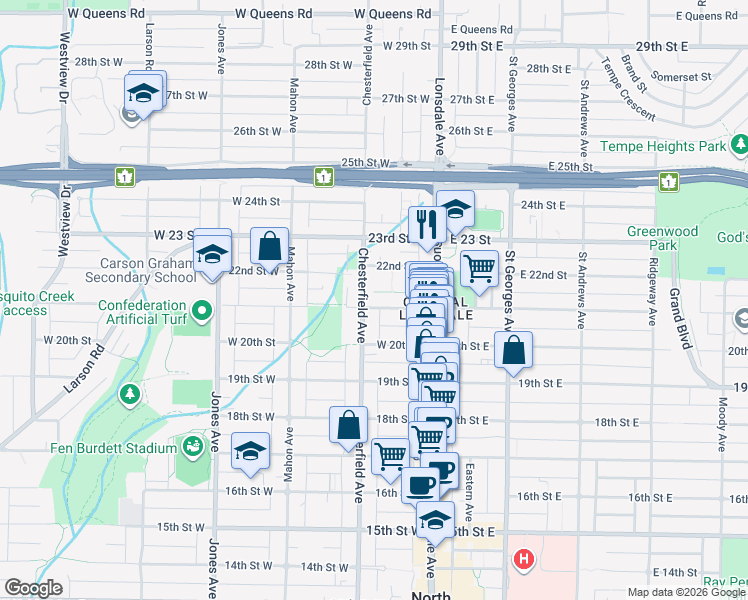 map of restaurants, bars, coffee shops, grocery stores, and more near in Vancouver