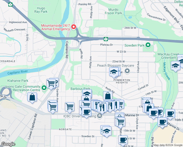 map of restaurants, bars, coffee shops, grocery stores, and more near 1395 21st Street West in North Vancouver