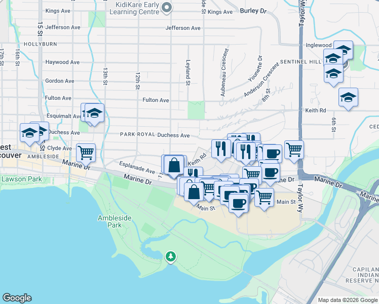 map of restaurants, bars, coffee shops, grocery stores, and more near Clyde Avenue in West Vancouver