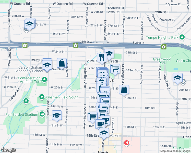 map of restaurants, bars, coffee shops, grocery stores, and more near 128 West 21st Street in North Vancouver
