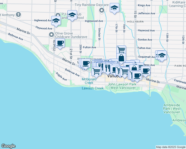 map of restaurants, bars, coffee shops, grocery stores, and more near 1896 Marine Drive in West Vancouver