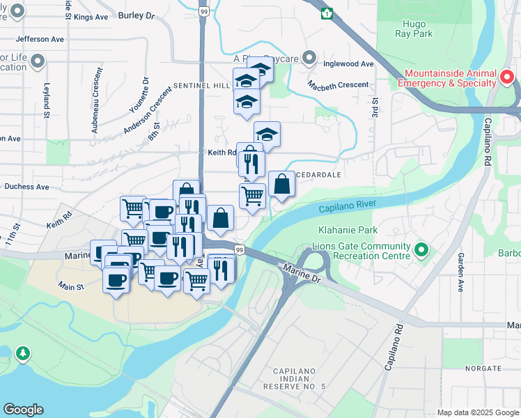map of restaurants, bars, coffee shops, grocery stores, and more near in West Vancouver