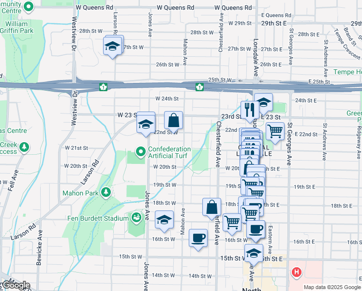 map of restaurants, bars, coffee shops, grocery stores, and more near 302 21st Street West in North Vancouver
