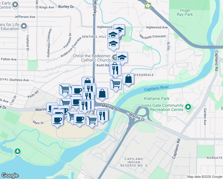 map of restaurants, bars, coffee shops, grocery stores, and more near in West Vancouver