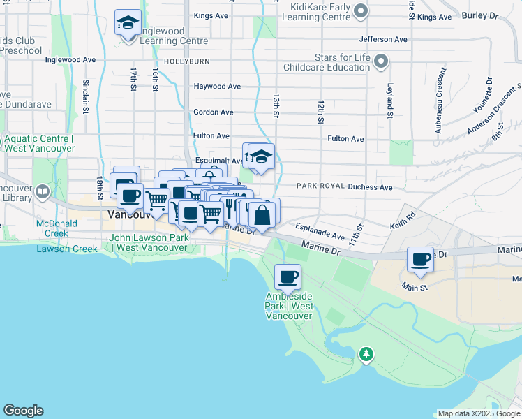 map of restaurants, bars, coffee shops, grocery stores, and more near in West Vancouver