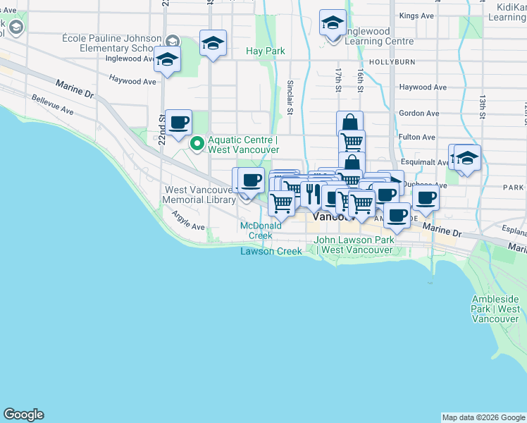 map of restaurants, bars, coffee shops, grocery stores, and more near 1944 Marine Drive in West Vancouver