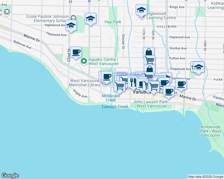 map of restaurants, bars, coffee shops, grocery stores, and more near 1944 Marine Drive in West Vancouver