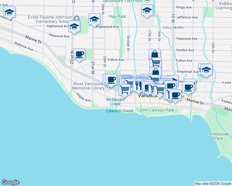 map of restaurants, bars, coffee shops, grocery stores, and more near 1944 Marine Drive in West Vancouver