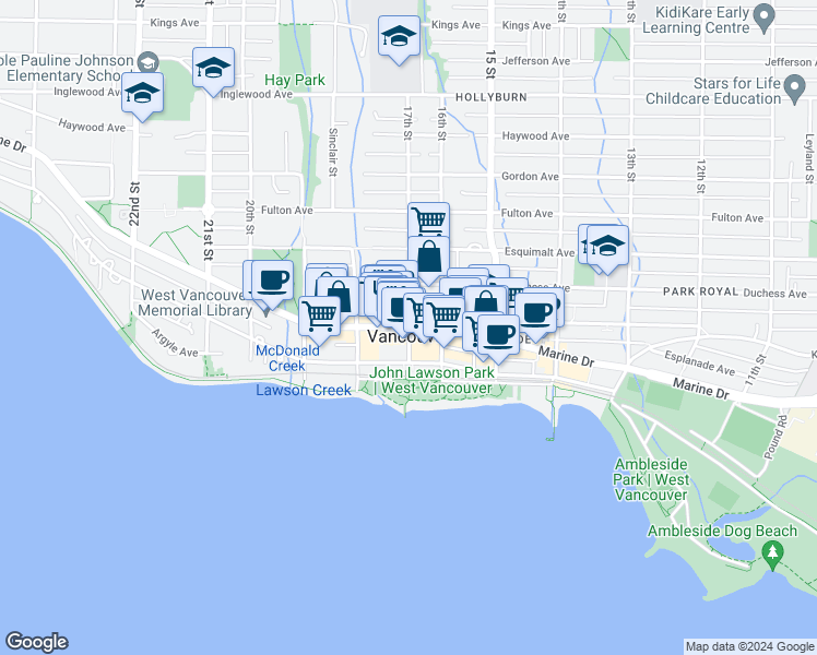 map of restaurants, bars, coffee shops, grocery stores, and more near in Vancouver