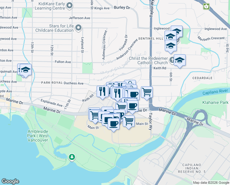 map of restaurants, bars, coffee shops, grocery stores, and more near 888 Arthur Erickson Place in West Vancouver