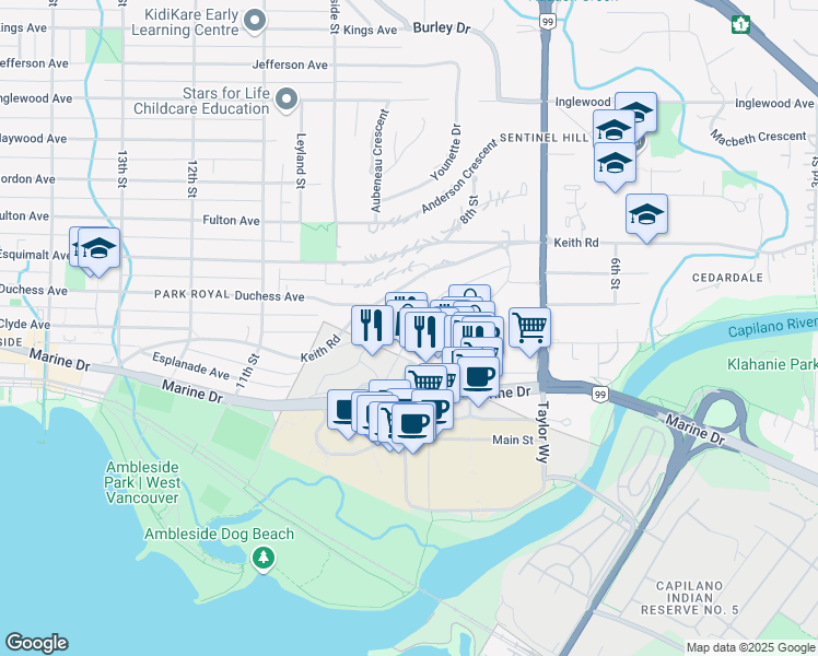 map of restaurants, bars, coffee shops, grocery stores, and more near 888 Arthur Erickson Place in West Vancouver