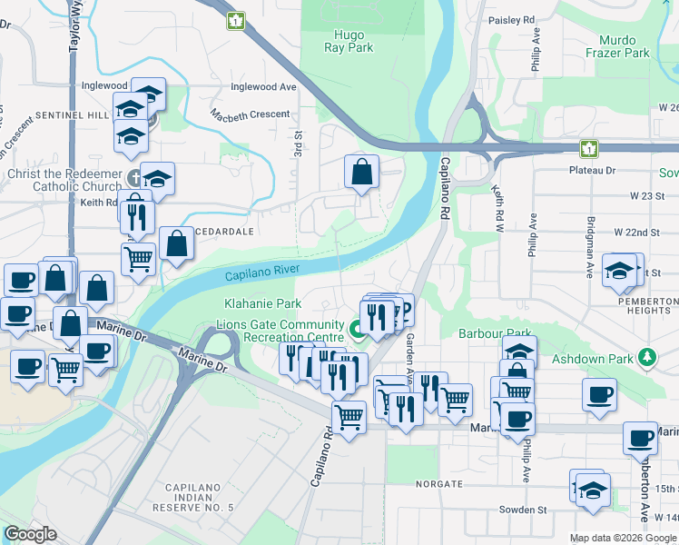 map of restaurants, bars, coffee shops, grocery stores, and more near 2004 Fullerton Avenue in North Vancouver