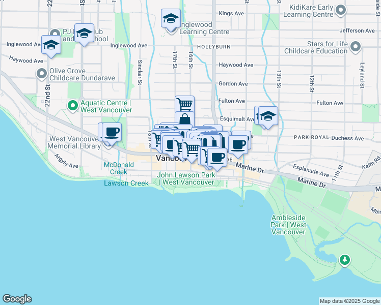 map of restaurants, bars, coffee shops, grocery stores, and more near 588 16th Street West in Metro Vancouver