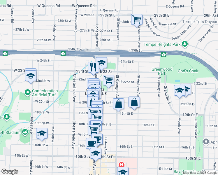 map of restaurants, bars, coffee shops, grocery stores, and more near 2136 Eastern Avenue in North Vancouver