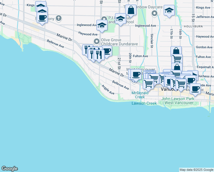 map of restaurants, bars, coffee shops, grocery stores, and more near 2165 Argyle Avenue in West Vancouver