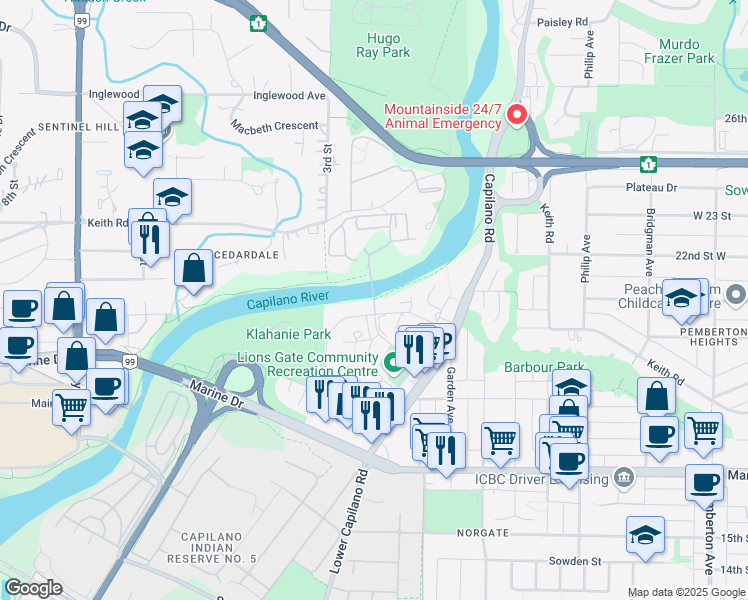 map of restaurants, bars, coffee shops, grocery stores, and more near 2004 Fullerton Avenue in North Vancouver