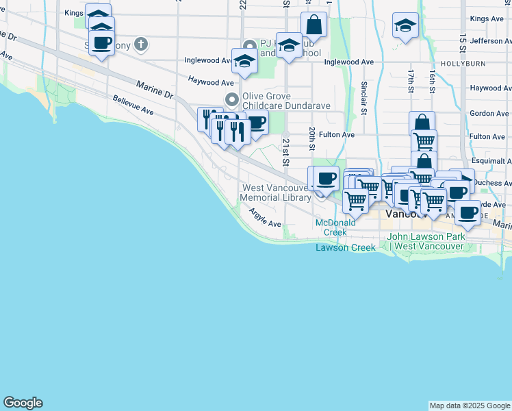 map of restaurants, bars, coffee shops, grocery stores, and more near 2165 Argyle Avenue in West Vancouver