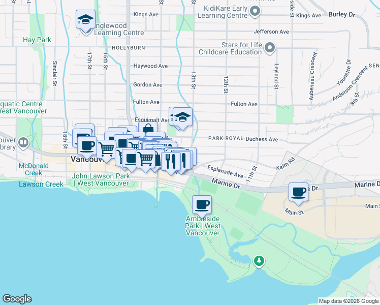 map of restaurants, bars, coffee shops, grocery stores, and more near 555 13th Street in West Vancouver