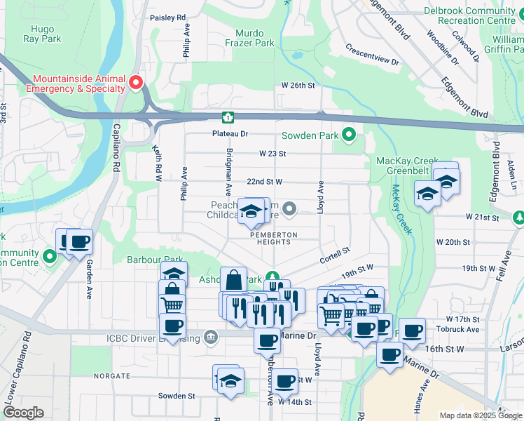 map of restaurants, bars, coffee shops, grocery stores, and more near in North Vancouver