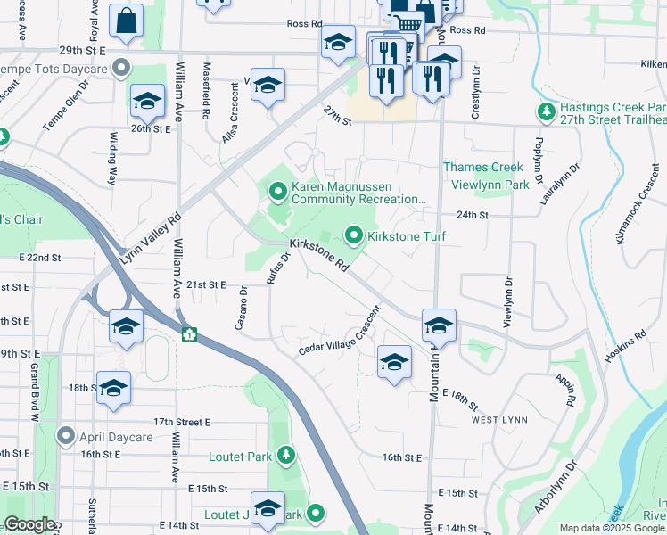 map of restaurants, bars, coffee shops, grocery stores, and more near 2165 Kirkstone Road in North Vancouver