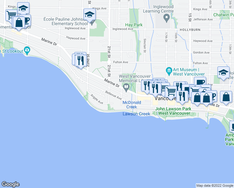 map of restaurants, bars, coffee shops, grocery stores, and more near in West Vancouver