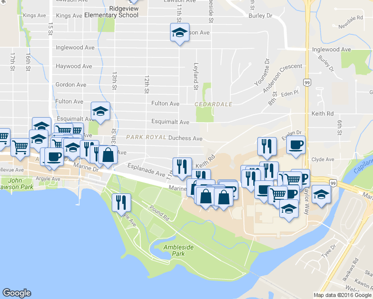 map of restaurants, bars, coffee shops, grocery stores, and more near 1073 Clyde Avenue in West Vancouver