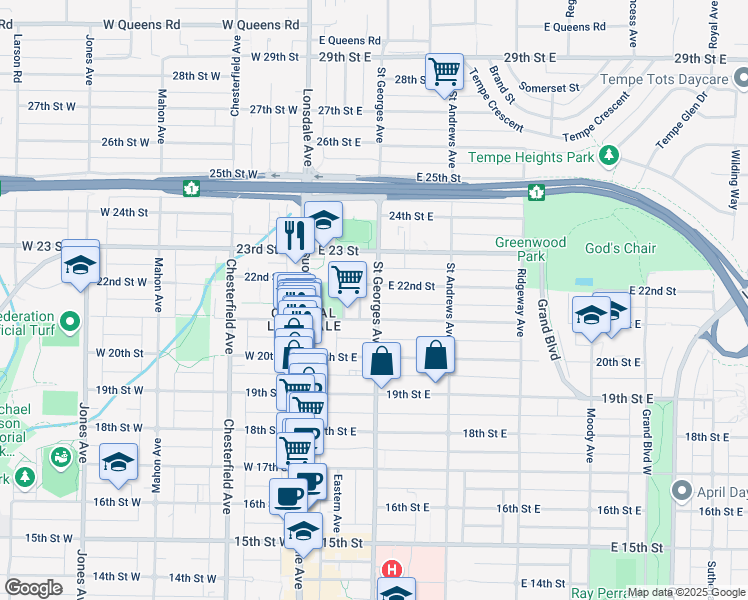 map of restaurants, bars, coffee shops, grocery stores, and more near 2133 Saint Georges Avenue in North Vancouver