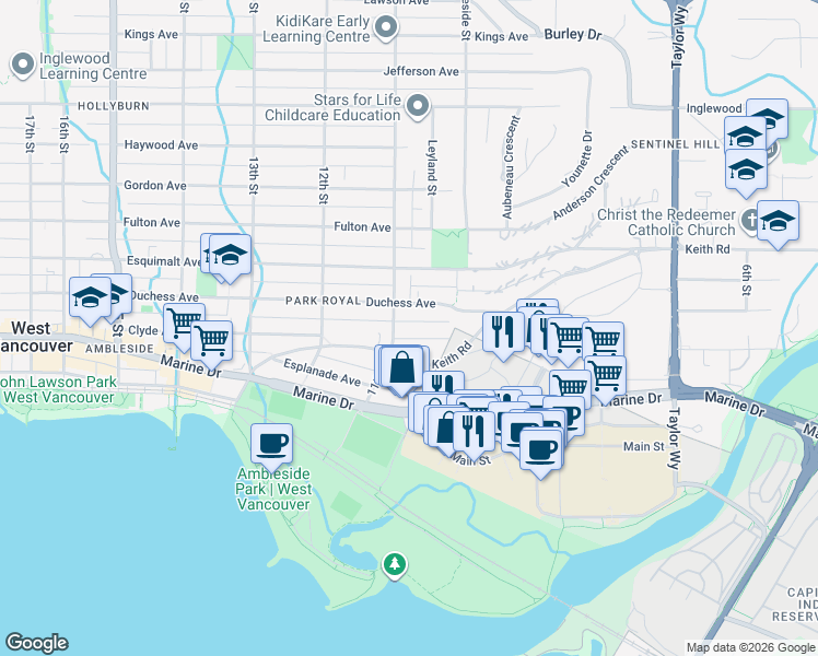 map of restaurants, bars, coffee shops, grocery stores, and more near 1073 Clyde Avenue in West Vancouver
