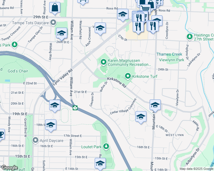 map of restaurants, bars, coffee shops, grocery stores, and more near 2182 Rufus Drive in North Vancouver