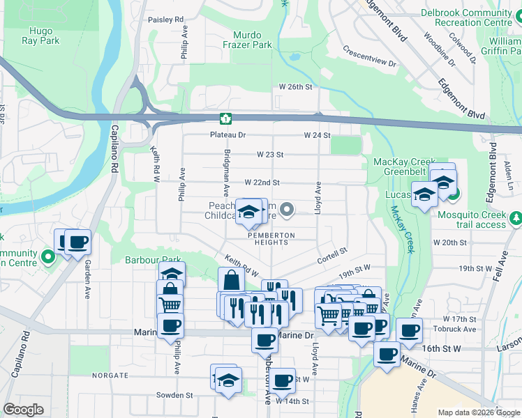 map of restaurants, bars, coffee shops, grocery stores, and more near 1224 21st Street West in North Vancouver