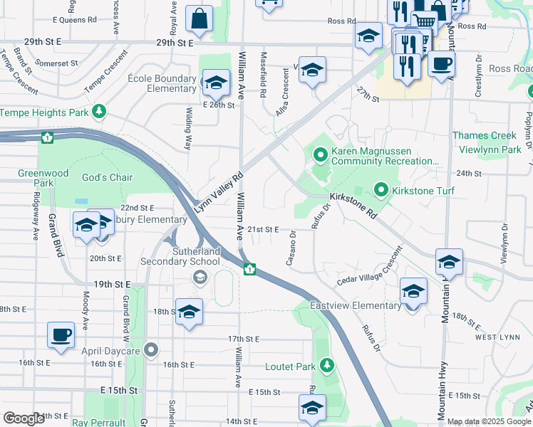 map of restaurants, bars, coffee shops, grocery stores, and more near 2250 Ennerdale Road in North Vancouver
