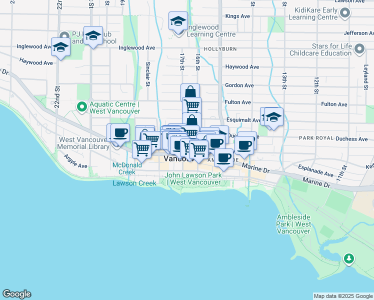 map of restaurants, bars, coffee shops, grocery stores, and more near 1645 Marine Drive in West Vancouver