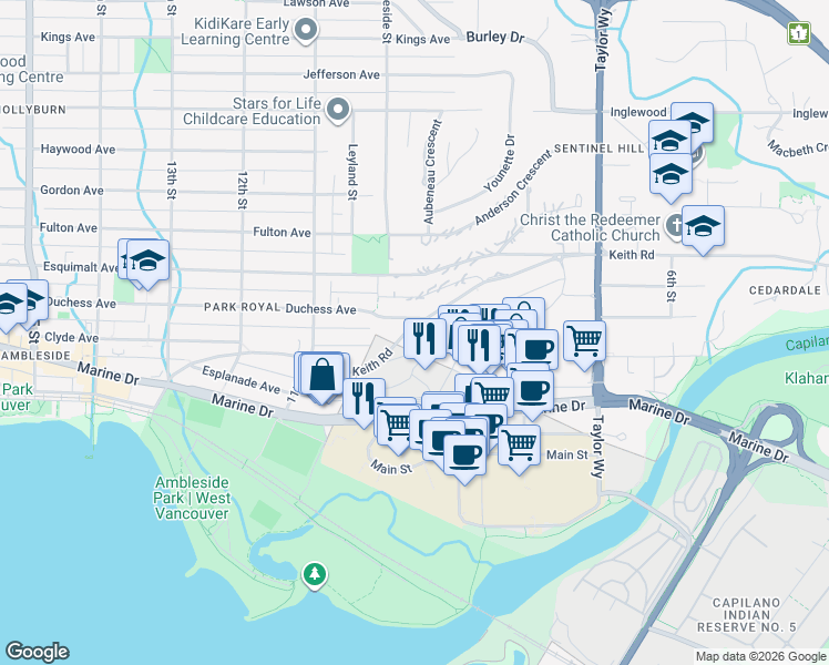 map of restaurants, bars, coffee shops, grocery stores, and more near 975 Keith Road in West Vancouver