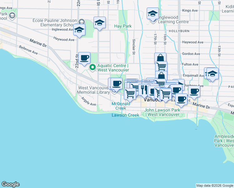 map of restaurants, bars, coffee shops, grocery stores, and more near 1944 Southwest Marine Drive in Vancouver