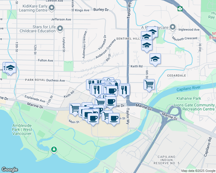 map of restaurants, bars, coffee shops, grocery stores, and more near 768 Arthur Erickson Place in West Vancouver