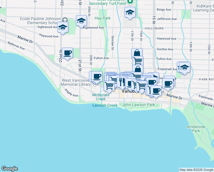 map of restaurants, bars, coffee shops, grocery stores, and more near 1891 Southwest Marine Drive in Vancouver