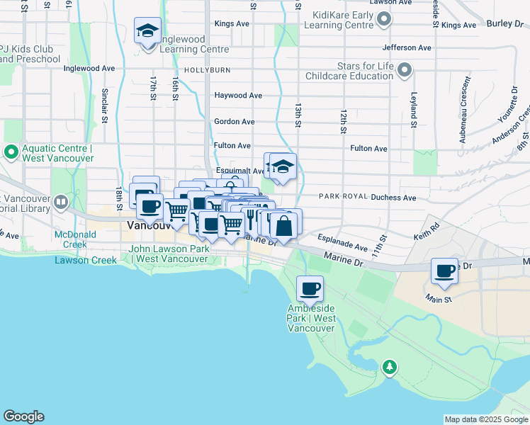 map of restaurants, bars, coffee shops, grocery stores, and more near in West Vancouver