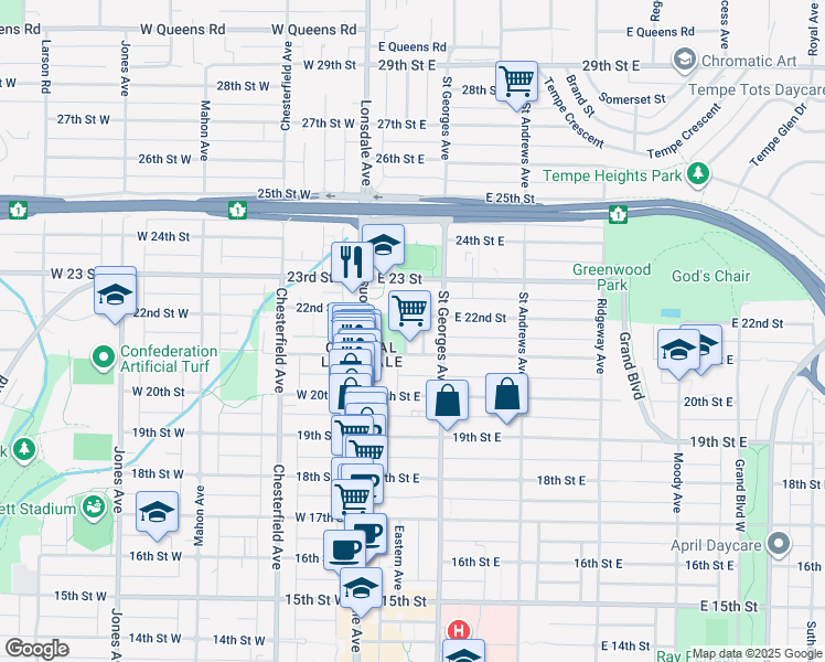 map of restaurants, bars, coffee shops, grocery stores, and more near 2136 Eastern Avenue in North Vancouver