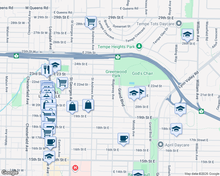 map of restaurants, bars, coffee shops, grocery stores, and more near in North Vancouver