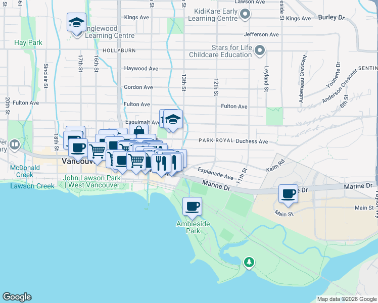 map of restaurants, bars, coffee shops, grocery stores, and more near 1281 Clyde Avenue in West Vancouver