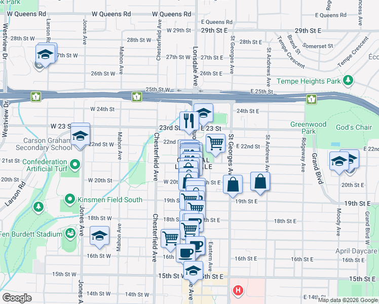 map of restaurants, bars, coffee shops, grocery stores, and more near 2151 Lonsdale Avenue in North Vancouver
