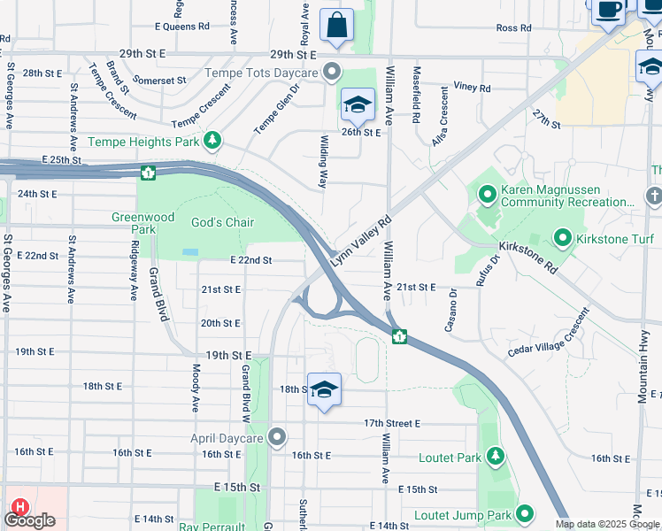 map of restaurants, bars, coffee shops, grocery stores, and more near Lynn Valley Road in North Vancouver