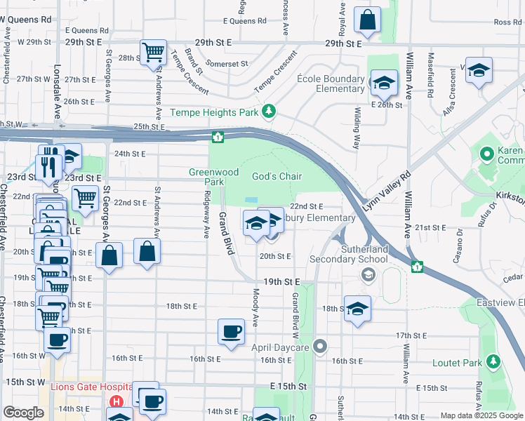 map of restaurants, bars, coffee shops, grocery stores, and more near 335 22nd Street East in North Vancouver