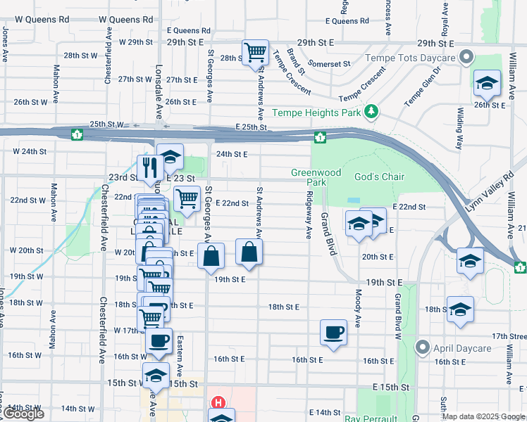 map of restaurants, bars, coffee shops, grocery stores, and more near 2142 Saint Andrews Avenue in North Vancouver